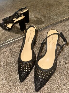 Jessica Simpson Black Woven Pointed Slingback Heels